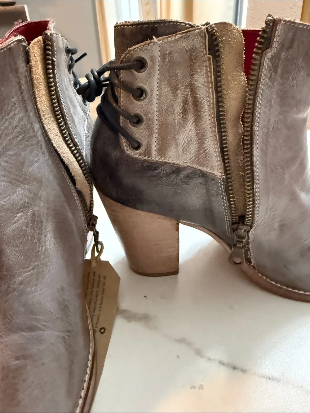 BED|STU Taupe Open-Toe Leather Ankle Booties with Wooden Block Heel
